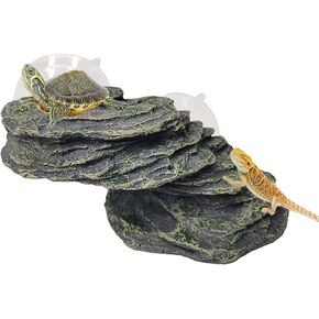 kathson Turtle Basking Platform with Suction Cup Tortoise Climbing Rest Terrace Resin Step Decoration Reptile Habitat Rock Decor for Frogs,Lizards,Geckos,Bearded Dragon-L