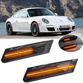 2Pcs LED Dynamic Sequential Blink Side Marker Lamp Light Kit for Porsche Carrera 2005-2013 for Boxster 987 2005-2012 Cayman 2006-2012 Smoked Lens Amber LED Front Turn Signal Side Marker Lights