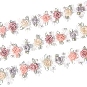 2 Yards Flower Ribbon Lace Trim,1.1 Inch Wide Pearl Rose Flowers Lace for Crafts Appliques Embellishments,Boho Ribbon Floral Lace for Sewing,Wedding Decoration,DIY (#4 Multicolored)