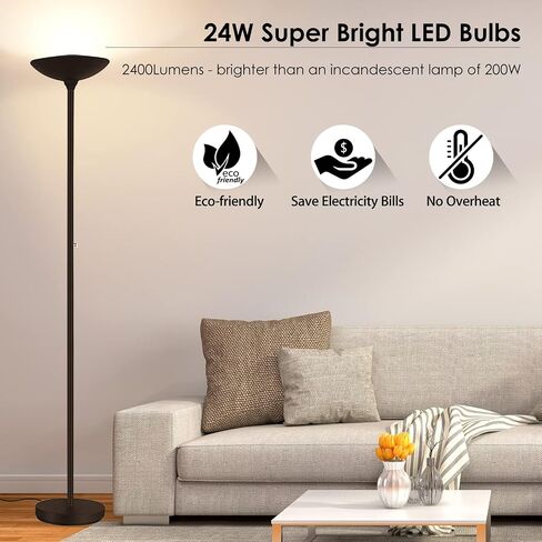 BoostArea Torchiere Floor Lamp, 30W Super Bright LED Standing Lamp, Stepless Dimmable Pole Lamp with 3000K Lighting, Rotary Switch, 70 Inch Tall Metal Modern Floor Lamps for Living Room/Bedroom Black in Kuwait