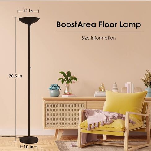 BoostArea Torchiere Floor Lamp, 30W Super Bright LED Standing Lamp, Stepless Dimmable Pole Lamp with 3000K Lighting, Rotary Switch, 70 Inch Tall Metal Modern Floor Lamps for Living Room/Bedroom Black in Kuwait