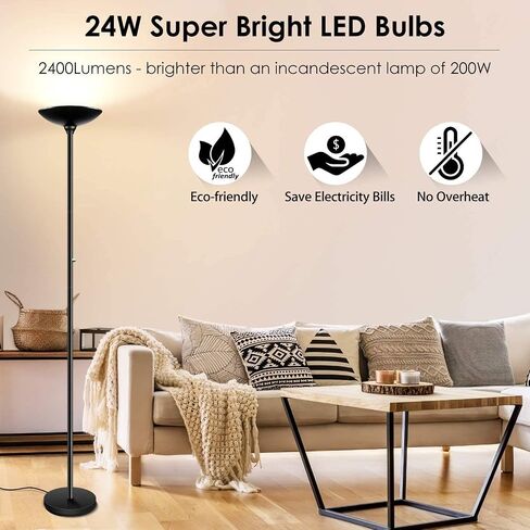 BoostArea Torchiere Floor Lamp, 30W Super Bright LED Standing Lamp, Stepless Dimmable Pole Lamp with 3000K Lighting, Rotary Switch, 70 Inch Tall Metal Modern Floor Lamps for Living Room/Bedroom Black in Kuwait