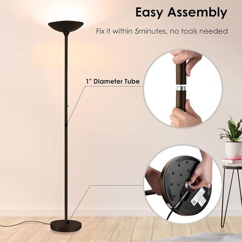 BoostArea Torchiere Floor Lamp, 30W Super Bright LED Standing Lamp, Stepless Dimmable Pole Lamp with 3000K Lighting, Rotary Switch, 70 Inch Tall Metal Modern Floor Lamps for Living Room/Bedroom Black in Kuwait