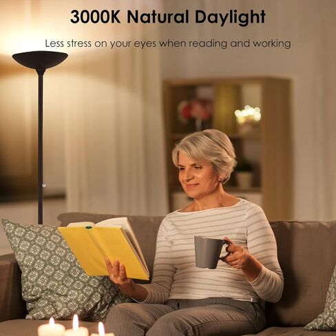 BoostArea Torchiere Floor Lamp, 30W Super Bright LED Standing Lamp, Stepless Dimmable Pole Lamp with 3000K Lighting, Rotary Switch, 70 Inch Tall Metal Modern Floor Lamps for Living Room/Bedroom Black in Kuwait