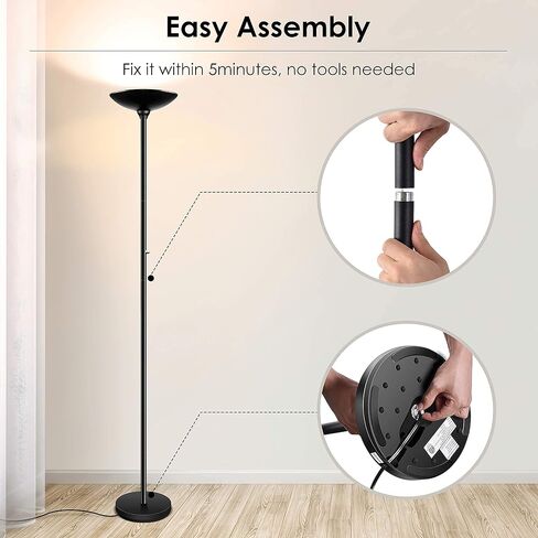 BoostArea Torchiere Floor Lamp, 30W Super Bright LED Standing Lamp, Stepless Dimmable Pole Lamp with 3000K Lighting, Rotary Switch, 70 Inch Tall Metal Modern Floor Lamps for Living Room/Bedroom Black in Kuwait