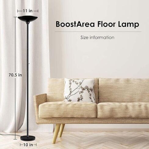 BoostArea Torchiere Floor Lamp, 30W Super Bright LED Standing Lamp, Stepless Dimmable Pole Lamp with 3000K Lighting, Rotary Switch, 70 Inch Tall Metal Modern Floor Lamps for Living Room/Bedroom Black in Kuwait