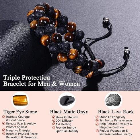 Triple Protection Bracelet, Premium Tiger Eye and Lava Rock Handmade Bead Bracelet Healing Crystal Protection Bracelet for Men Women Bring Luck and Prosperity and Happiness in Saudi Arabia