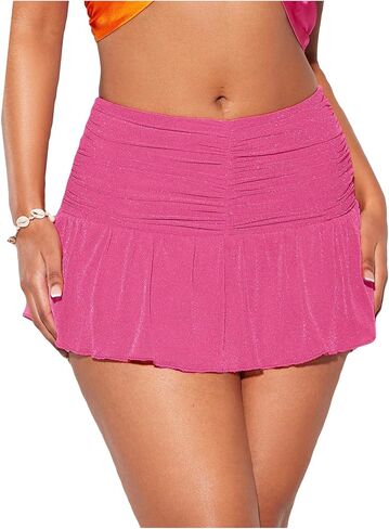OYOANGLE Women's Glitter Sparkle Low Elastic Waist Ruffle Hem Ruched Flared Partywear Mini Skirts in Saudi Arabia