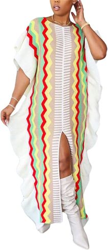 SHINFY Women Sweater Dress Fall Casual Loose Cable Knit Ruffle Striped Crochet Long Maxi Pullover Sweater Dresses with Slit in Kuwait