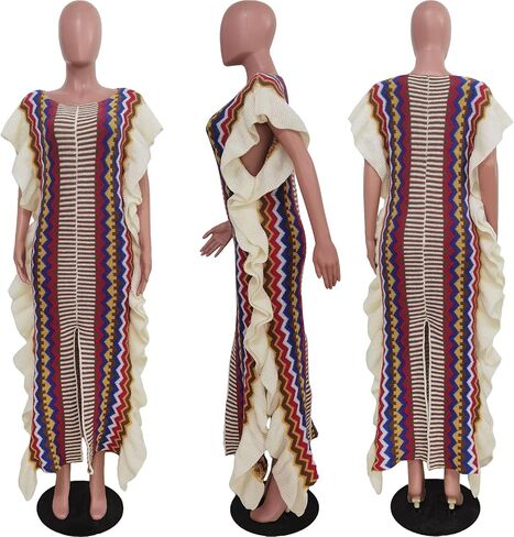 SHINFY Women Sweater Dress Fall Casual Loose Cable Knit Ruffle Striped Crochet Long Maxi Pullover Sweater Dresses with Slit in Kuwait