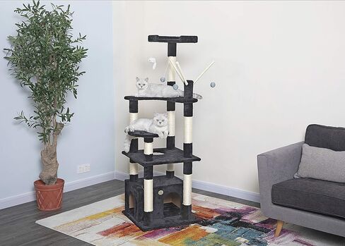 Go Pet Club 66" Cat Tree Scratcher Kitty Condo Kitten House Furniture with Square Base and Hanging Toys for Indoor Cats, Black in Kuwait