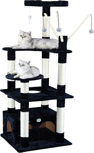 Go Pet Club 66" Cat Tree Scratcher Kitty Condo Kitten House Furniture with Square Base and Hanging Toys for Indoor Cats, Black in Kuwait