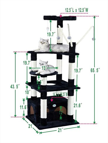 Go Pet Club 66" Cat Tree Scratcher Kitty Condo Kitten House Furniture with Square Base and Hanging Toys for Indoor Cats, Black in Kuwait