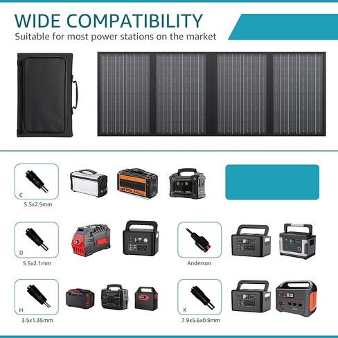 60W Portable Solar Panels, Foldable Solar Panel Charger for 100-500W Solar Generator Portable Power Station, with Adjustable Kickstands, DC 18V Output, USB 3.0 and Type-C Ports for Camping Van RV Trip in Kuwait