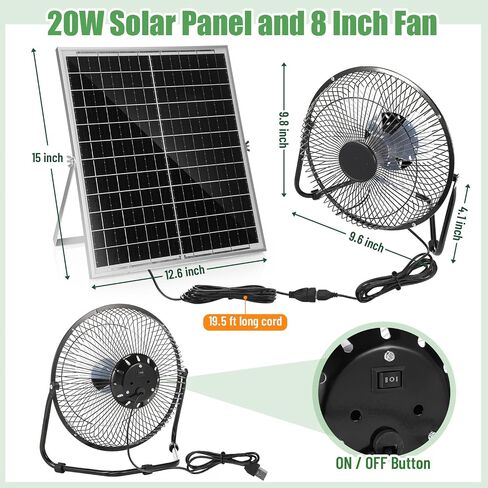 20w Solar Panel 8 Inch Fan, High Velocity Portable Floor Fan 36db Quiet Operation 19.5ft Long Cord, Solar Panel Waterproof Powered Fan for Greenhouse Motorhome, Camping(1 Pack) in Saudi Arabia