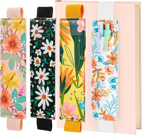 4 Colorful Elastic Band Faux Leather Pen Holder Gifts, 4 Beautiful Designs, 6.3 x 1.77 inches, detachable pen holder for notebook (flower) in Saudi Arabia