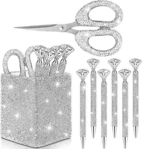Qilery 8 Pcs Bling Desk Accessories Gift with 1 Bling Pen Holder 6 Pcs Crystal Rhinestone Pens 1 Crystal Scissors Glitter Makeup Brush Holder Vanity Decor Organizer(Multicolor) in Saudi Arabia
