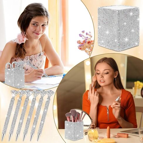 Qilery 8 Pcs Bling Desk Accessories Gift with 1 Bling Pen Holder 6 Pcs Crystal Rhinestone Pens 1 Crystal Scissors Glitter Makeup Brush Holder Vanity Decor Organizer(Multicolor) in Saudi Arabia