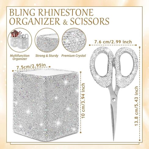 Qilery 8 Pcs Bling Desk Accessories Gift with 1 Bling Pen Holder 6 Pcs Crystal Rhinestone Pens 1 Crystal Scissors Glitter Makeup Brush Holder Vanity Decor Organizer(Multicolor) in Saudi Arabia