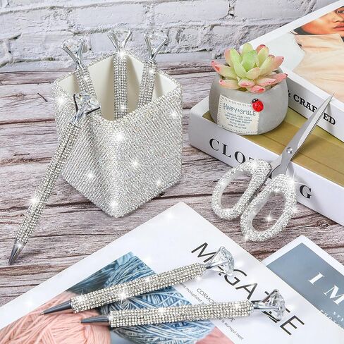 Qilery 8 Pcs Bling Desk Accessories Gift with 1 Bling Pen Holder 6 Pcs Crystal Rhinestone Pens 1 Crystal Scissors Glitter Makeup Brush Holder Vanity Decor Organizer(Multicolor) in Saudi Arabia