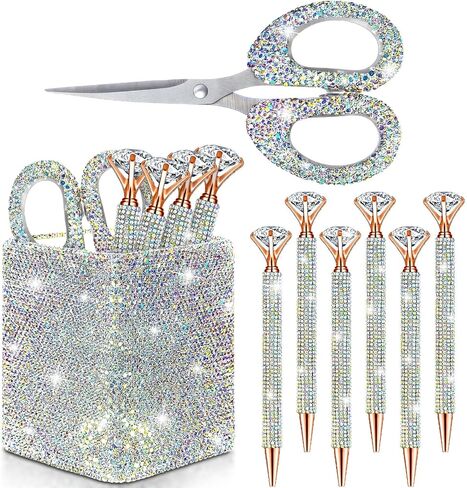 Qilery 8 Pcs Bling Desk Accessories Gift with 1 Bling Pen Holder 6 Pcs Crystal Rhinestone Pens 1 Crystal Scissors Glitter Makeup Brush Holder Vanity Decor Organizer(Multicolor) in Saudi Arabia