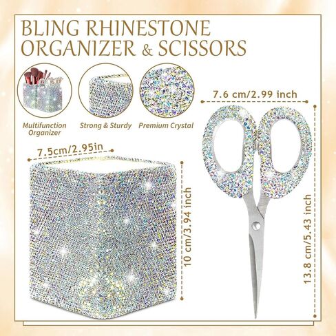 Qilery 8 Pcs Bling Desk Accessories Gift with 1 Bling Pen Holder 6 Pcs Crystal Rhinestone Pens 1 Crystal Scissors Glitter Makeup Brush Holder Vanity Decor Organizer(Multicolor) in Saudi Arabia