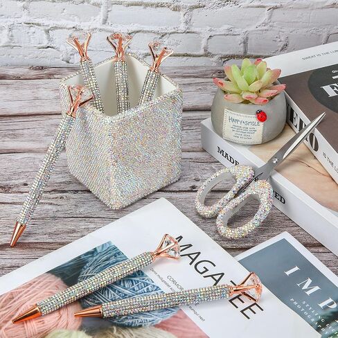 Qilery 8 Pcs Bling Desk Accessories Gift with 1 Bling Pen Holder 6 Pcs Crystal Rhinestone Pens 1 Crystal Scissors Glitter Makeup Brush Holder Vanity Decor Organizer(Multicolor) in Saudi Arabia