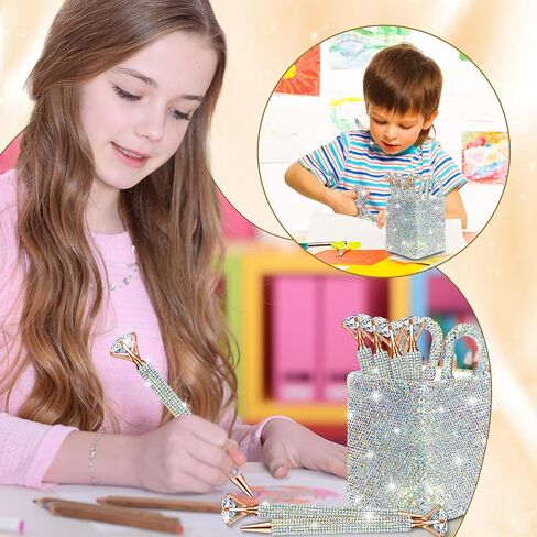 Qilery 8 Pcs Bling Desk Accessories Gift with 1 Bling Pen Holder 6 Pcs Crystal Rhinestone Pens 1 Crystal Scissors Glitter Makeup Brush Holder Vanity Decor Organizer(Multicolor) in Saudi Arabia