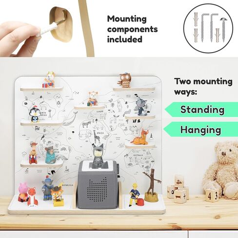 Wooden Shelf for Music Box I Suitable for The Toniebox and ca. 50 Tonies I Perfect Storage in The Children's Room I for Setting up or Hanging (Large, Worldmap) in Saudi Arabia