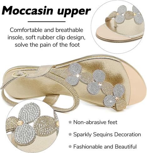 CARETOO Women's Bohemia Flat Sandals, Ladies Summer Beach T-Strap Flip Flop Sparkling Rhinestone Walking Shoes Casual in Saudi Arabia