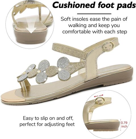 CARETOO Women's Bohemia Flat Sandals, Ladies Summer Beach T-Strap Flip Flop Sparkling Rhinestone Walking Shoes Casual in Saudi Arabia