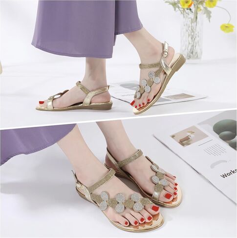 CARETOO Women's Bohemia Flat Sandals, Ladies Summer Beach T-Strap Flip Flop Sparkling Rhinestone Walking Shoes Casual in Saudi Arabia