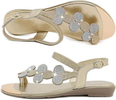 CARETOO Women's Bohemia Flat Sandals, Ladies Summer Beach T-Strap Flip Flop Sparkling Rhinestone Walking Shoes Casual in Saudi Arabia