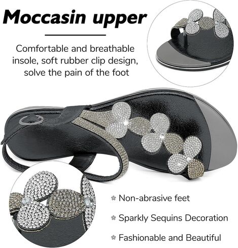 CARETOO Women's Bohemia Flat Sandals, Ladies Summer Beach T-Strap Flip Flop Sparkling Rhinestone Walking Shoes Casual in Saudi Arabia