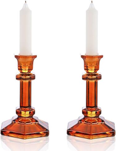 Clear Glass Candlestick Holders - Set of 2 Crystal Glass Taper Candle Holder, Elegant Design Dinning Table Home Decoration Centerpiece for Wedding Party Christmas, 5 inch (Yellow) in Saudi Arabia