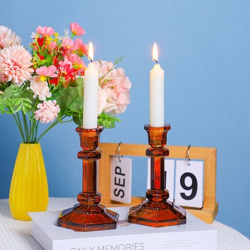 Clear Glass Candlestick Holders - Set of 2 Crystal Glass Taper Candle Holder, Elegant Design Dinning Table Home Decoration Centerpiece for Wedding Party Christmas, 5 inch (Yellow) in Saudi Arabia