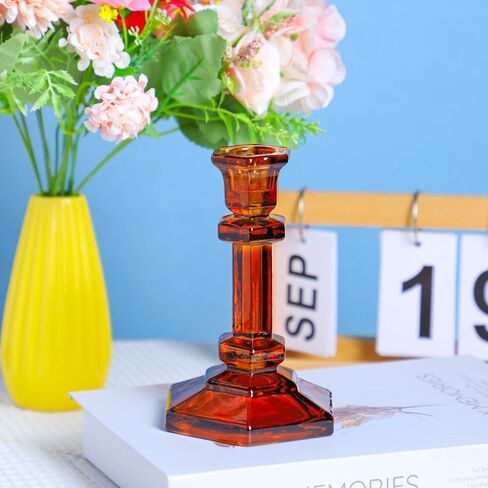 Clear Glass Candlestick Holders - Set of 2 Crystal Glass Taper Candle Holder, Elegant Design Dinning Table Home Decoration Centerpiece for Wedding Party Christmas, 5 inch (Yellow) in Saudi Arabia