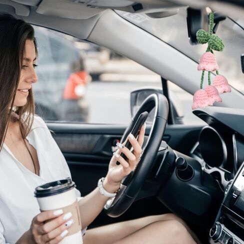 إكسسوارات مرآة الرؤية الخلفية للسيارة من AFUNTA Bellflower، قطعتان من إكسسوارات السيارة اللطيفة، إكسسوارات تعليق مرآة السيارة محبوكة يدويًا للنساء من الداخل in Kuwait