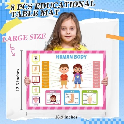 Mifoci 8 Pcs Educational Preschool Placemat Set for Kids Reusable Washable Non Slip Placemats for Dining Table Plastic Learning Mats for Nursery Kindergarten Homeschool Classroom Dining Table in Saudi Arabia