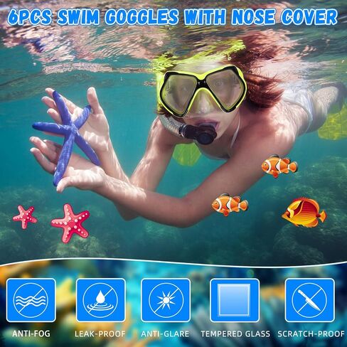6 Pieces Swimming Goggles with Nose Cover Adult Pool Goggles Swimming Diving Nose Goggles Swim Goggle in Saudi Arabia