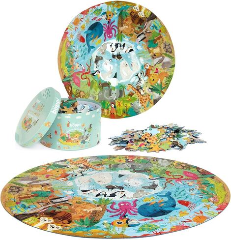 boppi World Map Round Jigsaw Puzzle with 100% Recycled Card 150 Pieces with Animals for Children 5 6 7 8 Years 58cm Diameter in Kuwait
