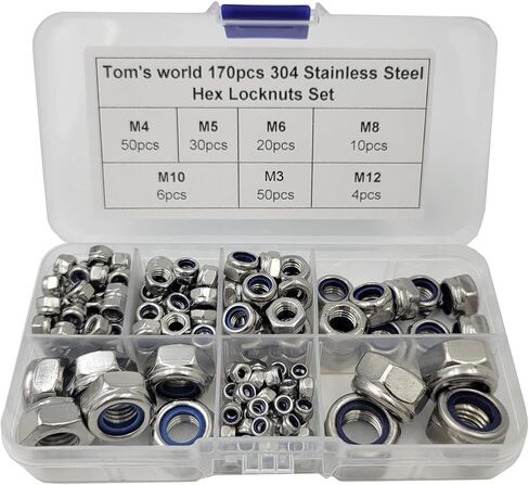 Tom's world 170Pcs M3 M4 M5 M6 M8 M10 M12 Hex Nut Assortment Set Stainless Steel 304(18-8) Metric Hexagon Nut, Bright Finish, Full Thread (Nylon Insert NUT) in Saudi Arabia