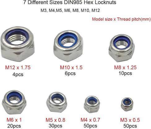 Tom's world 170Pcs M3 M4 M5 M6 M8 M10 M12 Hex Nut Assortment Set Stainless Steel 304(18-8) Metric Hexagon Nut, Bright Finish, Full Thread (Nylon Insert NUT) in Saudi Arabia