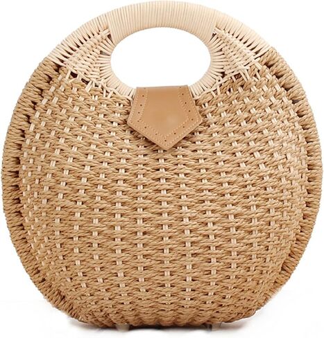 Straw Bags for Women,Hand-woven Straw Shell Bag Handle Ring Tote Retro Summer Beach Rattan bag. in Saudi Arabia