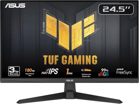 شاشة ASUS TUF Gaming مقاس 25 بوصة (24.5 قابلة للعرض) بدقة 1080 بكسل (VG259Q3A) - دقة FHD، 180 هرتز، 1 مللي ثانية، تقنية IPS سريعة، ضبابية حركة منخفضة للغاية، FreeSync، سرعة متغيرة، مكبرات صوت، 99% sRGB، Shadow Boost ضمان لمدة 3 سنوات in Kuwait