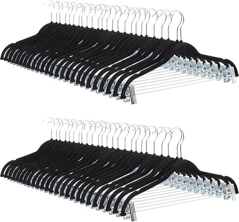 Amazon Basics Velvet, Non-Slip Skirt Clothes Hangers with Clips, Pack of 24, Black/Silver in Saudi Arabia