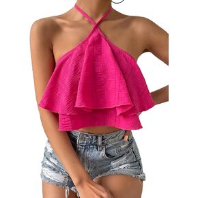 Milumia Women's Layered Ruffle Hem Tied Backless Sleeveless Flared Crop Halter Tops