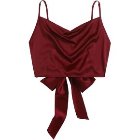 OYOANGLE Women's Silk Satin Cowl Neck Draped Front Spaghetti Strap Tie Backless Cami Crop Tops