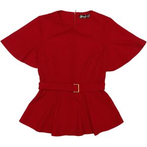 Allegra K Peplum Blouse for Women's Round Neck Bell Sleeve Belted Waist Office Work Tops
