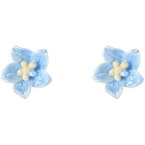Cute Blue Flower Stud Earrings for Women Girls 925 Sterling Silver Hypoallergenic Piercing Ear Bohemian Resin Plumeria Camellia Cherry Daisy Cartilage Tragus Post Dainty Birthday Holiday Beach Jewelry Gifts